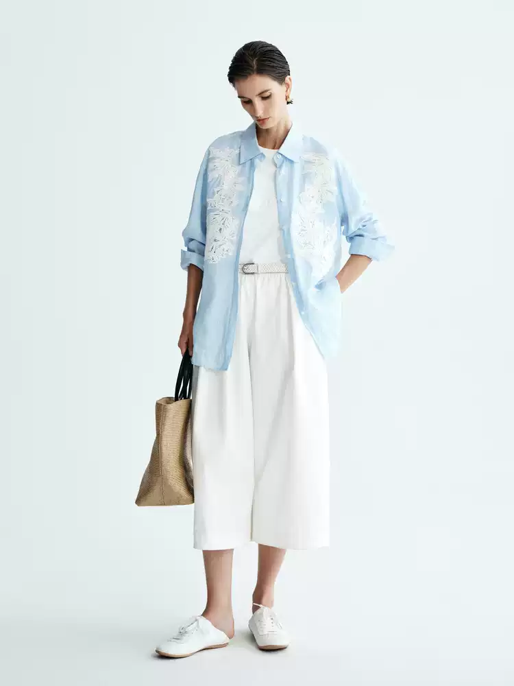 Women's 100% Linen Shirt With Lace Floral Splicing