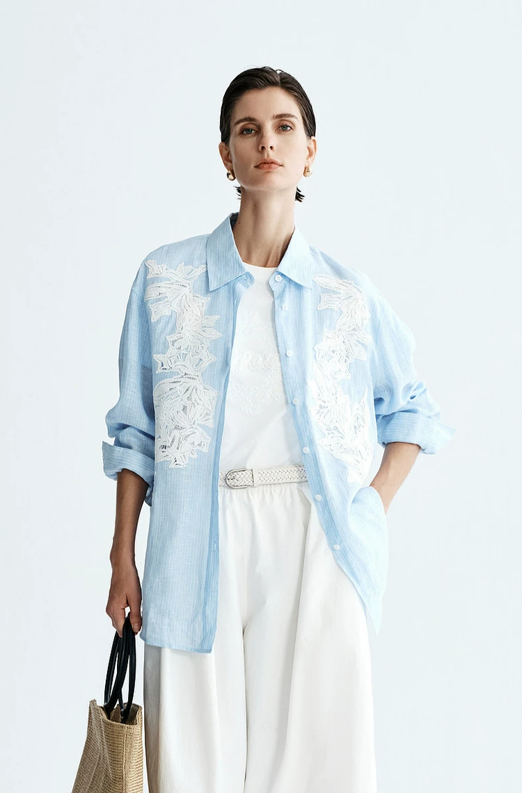 Women's 100% Linen Shirt With Lace Floral Splicing
