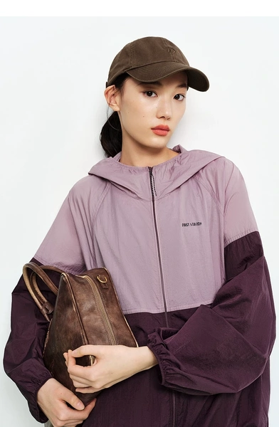 Women's Color Block Hooded Zip Up Casual Jacket