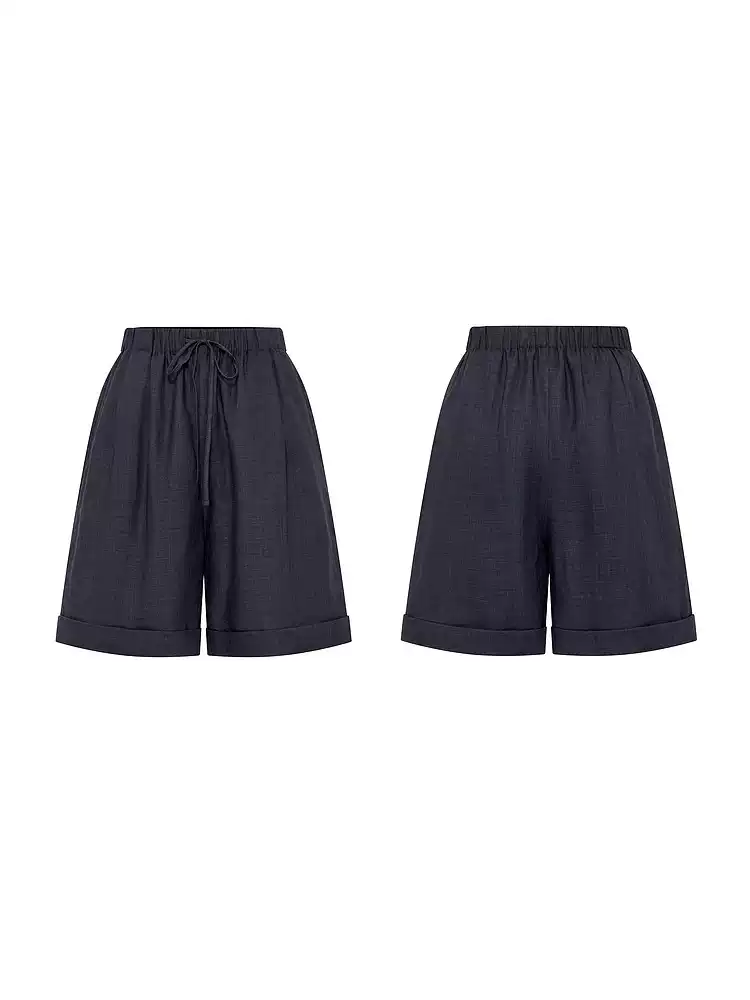 Women's Elastic Drawstring Ramie Roll Hem Casual Shorts
