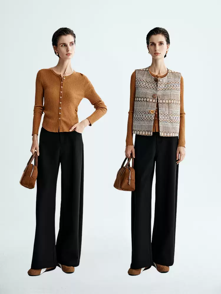 Women's High Waist Curved Wide Leg Casual Trousers