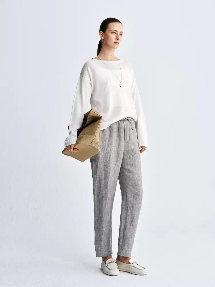Women's High Waist Linen Tapered Casual Trousers