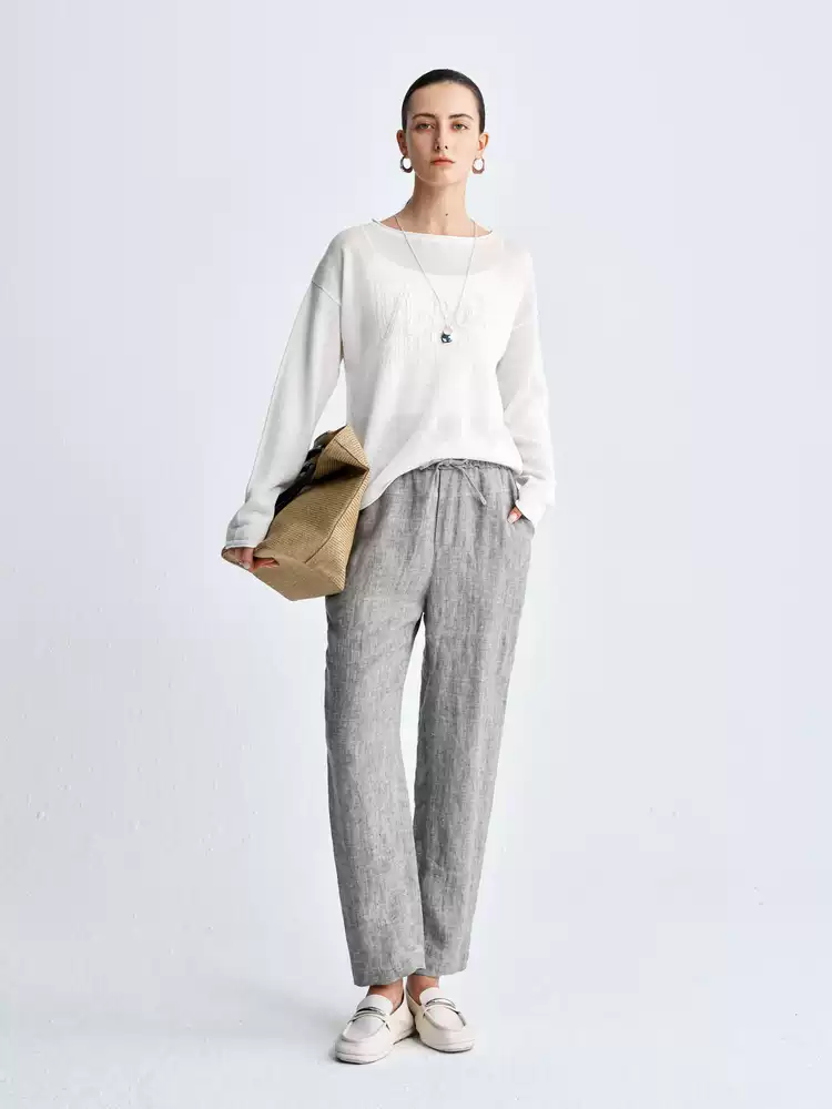 Women's High Waist Linen Tapered Casual Trousers