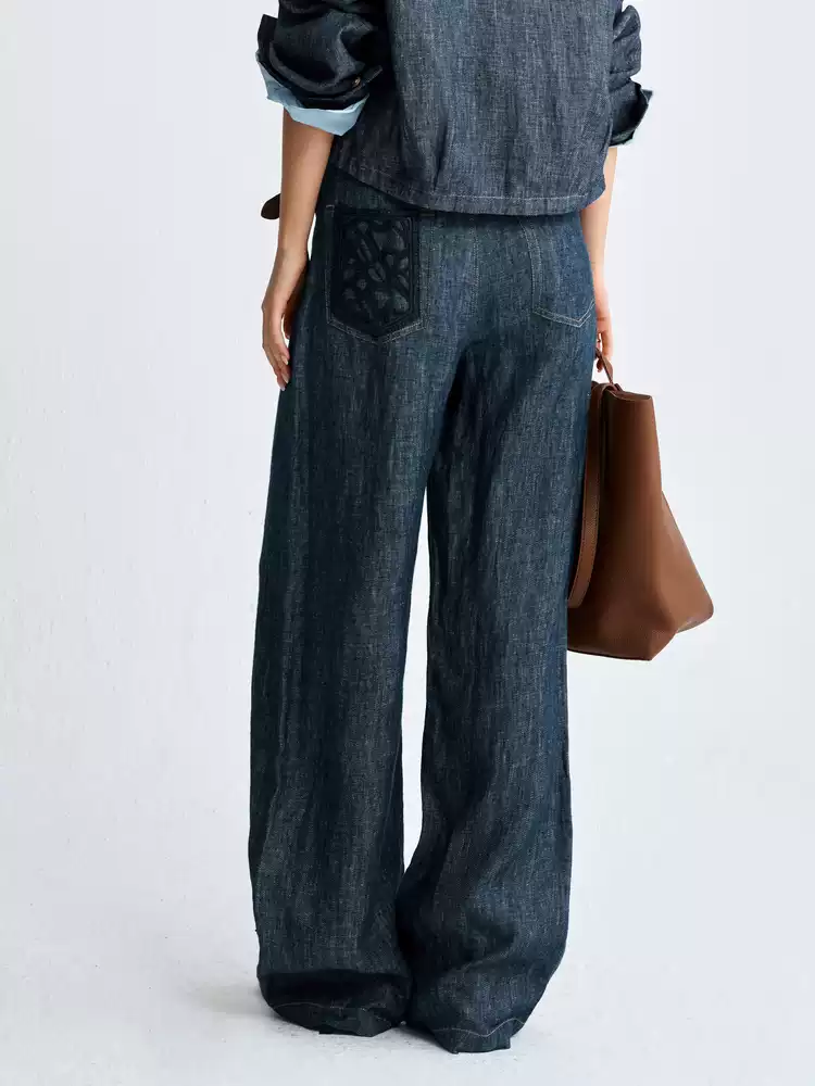 Women's Linen Wide Leg Casual Trousers Embroidered Pockets