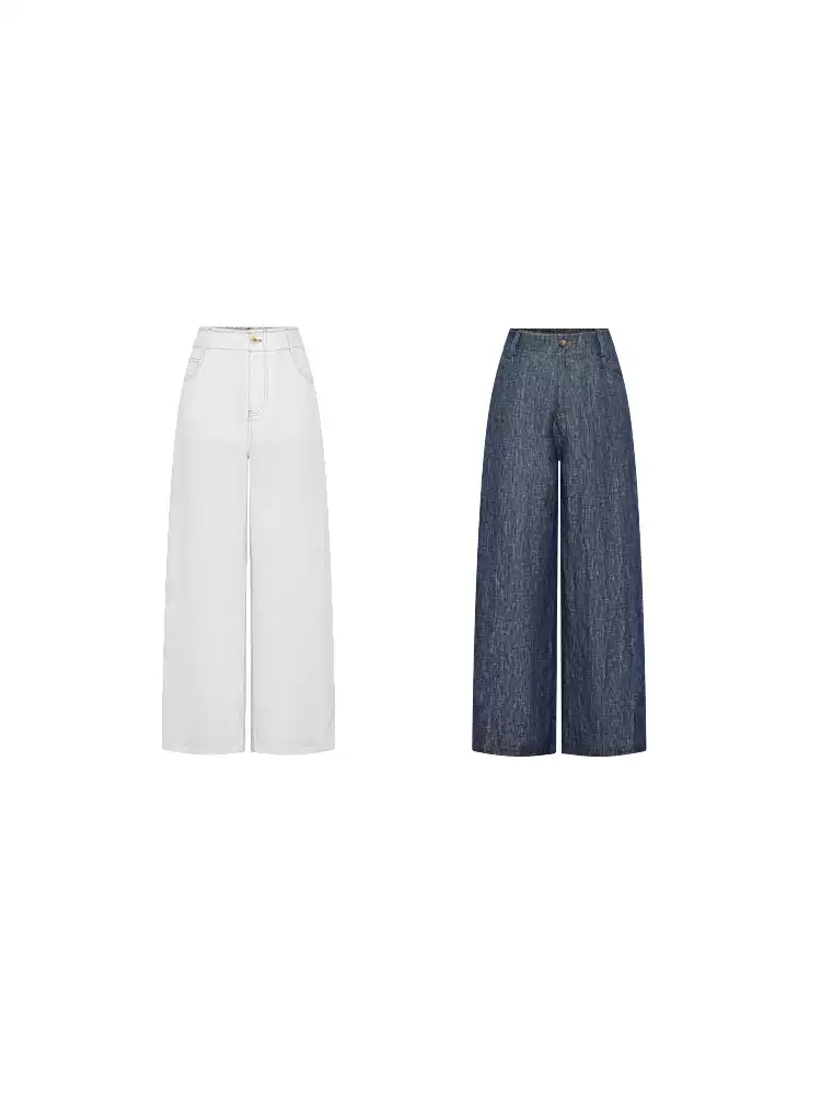 Women's Linen Wide Leg Casual Trousers Embroidered Pockets