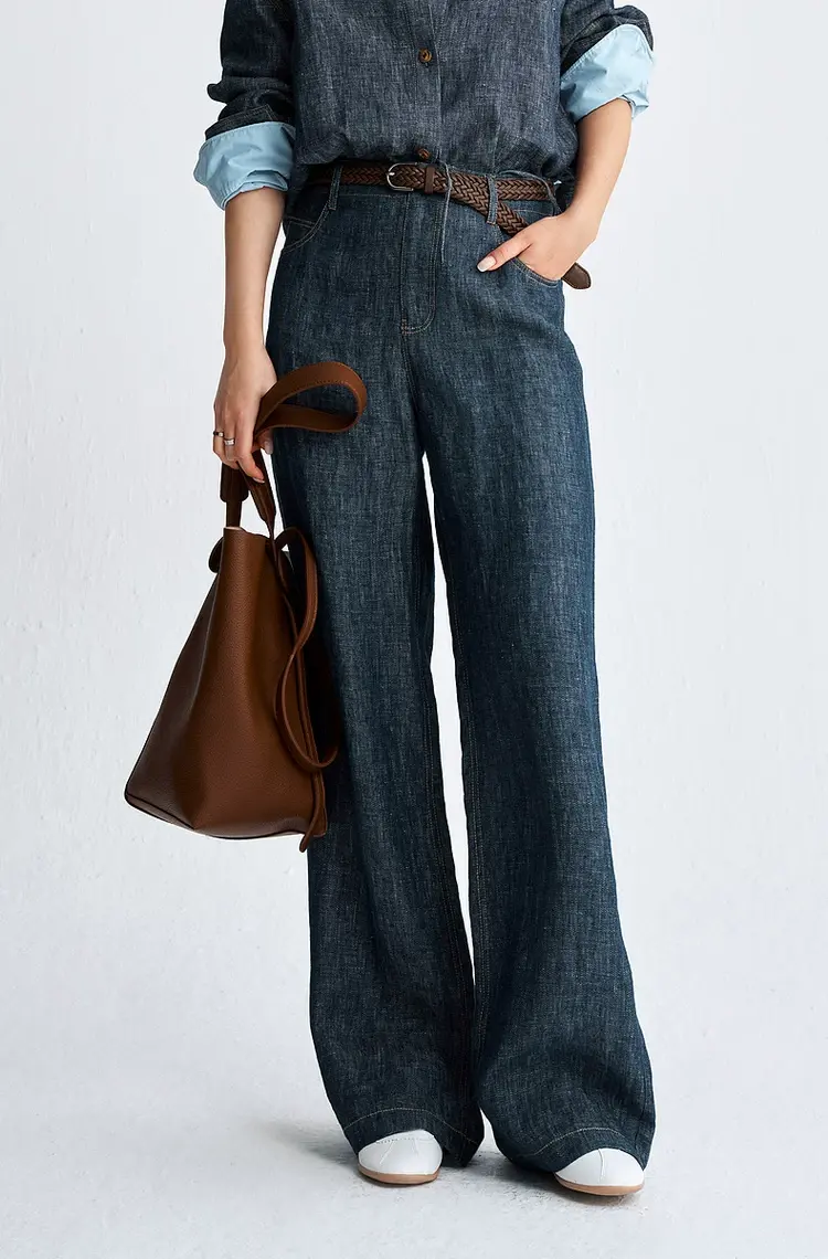 Women's Linen Wide Leg Casual Trousers Embroidered Pockets