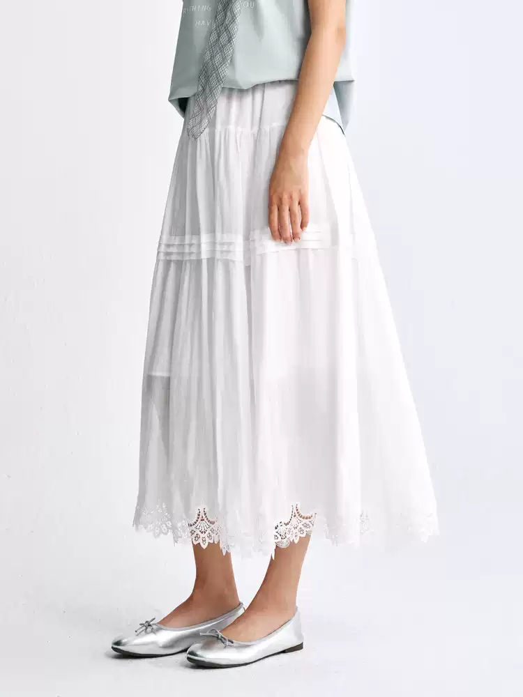 Women's Ramie Lace trimmed Midi Skirt