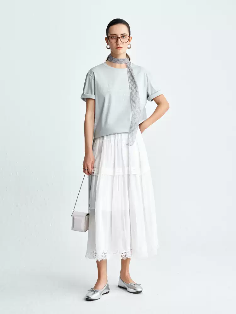 Women's Ramie Lace trimmed Midi Skirt