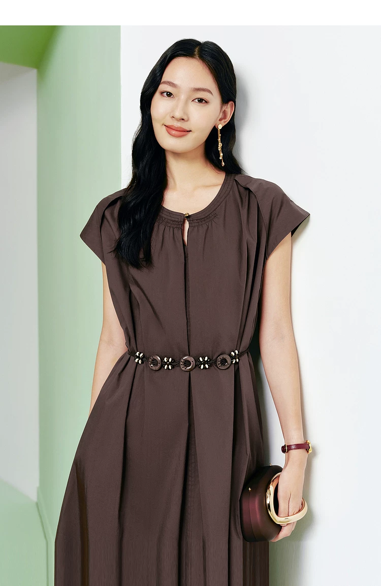 Women's Round Neck Cap Sleeve A Line Midi Dress