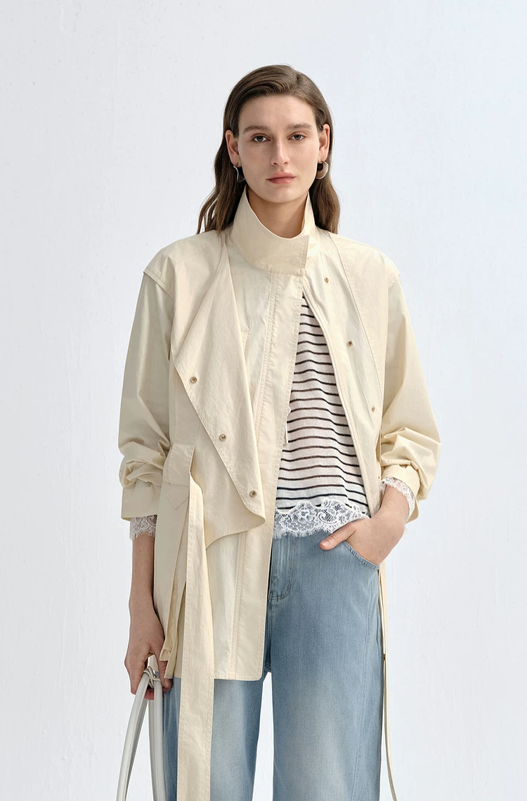 Women's Stand Collar Belted Short Trench Coat