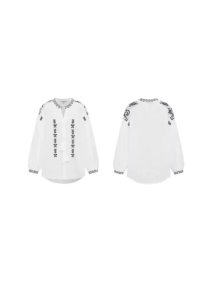 Women's Vintage Butterfly Embroidered Fringe Tie Ramie Blouse