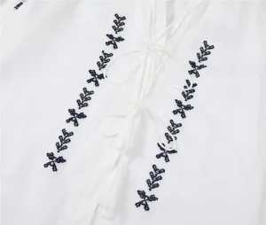Women's Vintage Butterfly Embroidered Fringe Tie Ramie Blouse