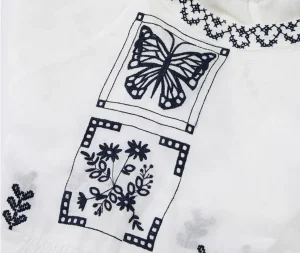Women's Vintage Butterfly Embroidered Fringe Tie Ramie Blouse