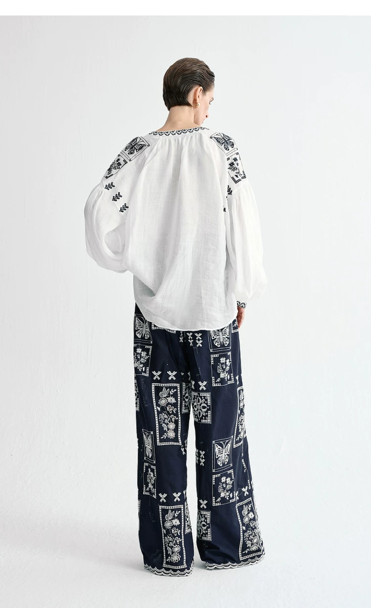 Women's Vintage Butterfly Embroidered Fringe Tie Ramie Blouse