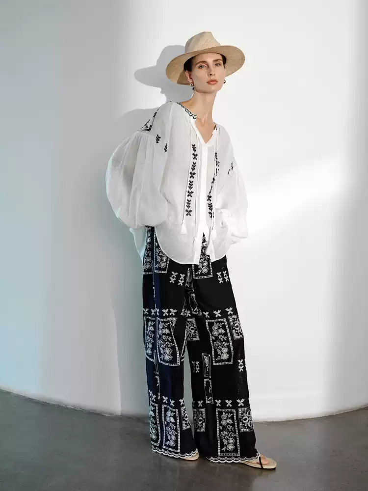 Women's Vintage Butterfly Embroidered Fringe Tie Ramie Blouse
