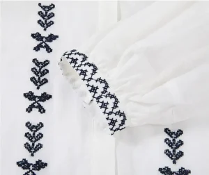 Women's Vintage Butterfly Embroidered Fringe Tie Ramie Blouse